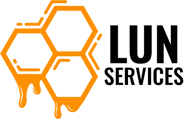 LUN Services logo with orange honeycombs and black text