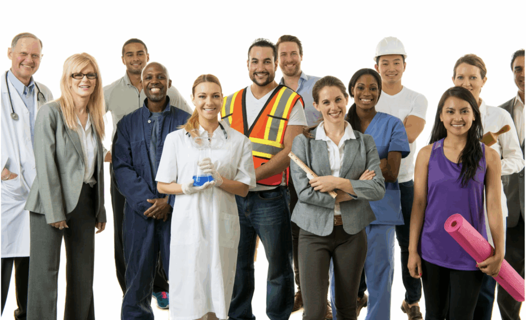 Group of professionals from different industries including healthcare, engineering, construction, and services — representing international skilled talent.